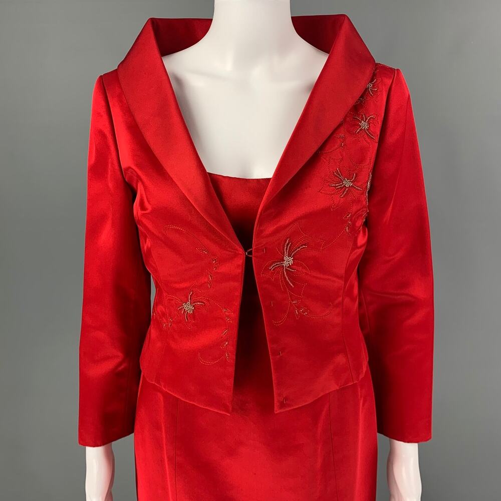 RICHARD TYLER Couture Size 8 Red Silk Rayon Beaded Knee-Length 2 Piece Set - Picture 2 of 8